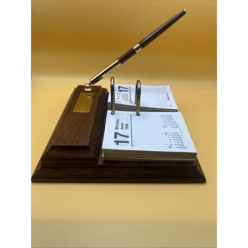 Vintage Perpetual Flip Calendar With Wood Base And Ink Pen